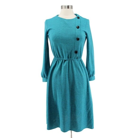 Cora's Closet Dresses & Skirts - Vintage 70s Cora's Closet Turquoise Wool Elastic Waist Deco Buttons Dress Size S